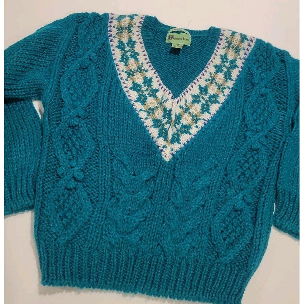 Vtg Hand Knit Sweater Preppy V Neck 80s 90s Highland Isles Varsity Style Cable